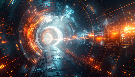 Futuristic tunnel with glowing lights. 3d rendering toned imageの素材