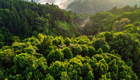 Aerial view of green forest in tropical rainforest, Thailand.の素材