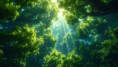 Sunlight in the green forest with sunbeams and lens flareの素材