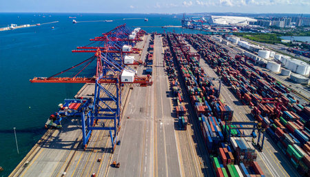 Container Cargo freight ship with working crane bridge for Logistic Import Export backgroundの素材