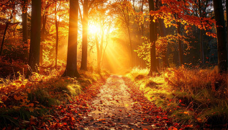 Autumn forest in the rays of the rising sun. Nature backgroundの素材