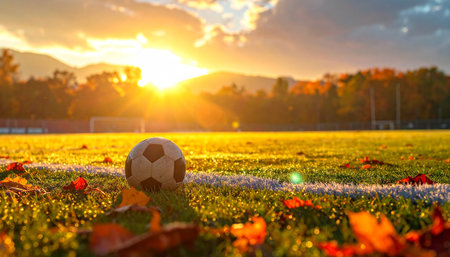 Soccer ball on grass at sunset. Soccer ball on grass.の素材