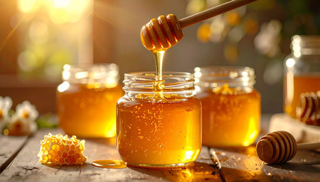 Honey dripping from wooden dipper into glass jar on wooden tableの素材