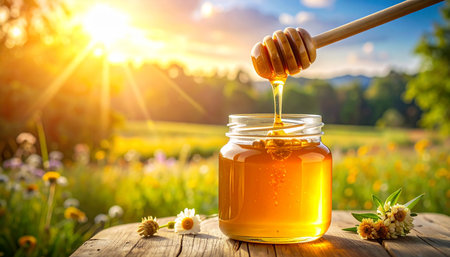 Honey dripping from a wooden honey dipper into a glass jarの素材