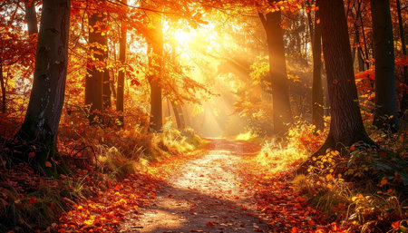 Autumn forest. Beautiful autumn landscape with bright sunbeams.の素材