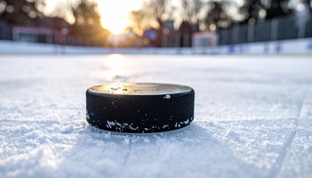 Hockey puck on ice in winter. Close-up of hockey stickの素材