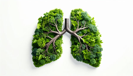 Human lungs with green leaves on white background. 3D illustration.の素材