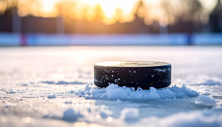 Hockey puck on the ice of a frozen lake in the eveningの素材
