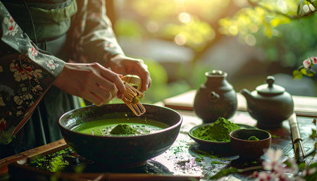 Asian woman pouring green matcha tea in bowl on the table.の素材
