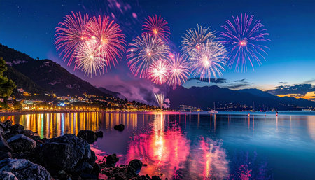 Colorful fireworks of various colors over lake Como at night, Italyの素材