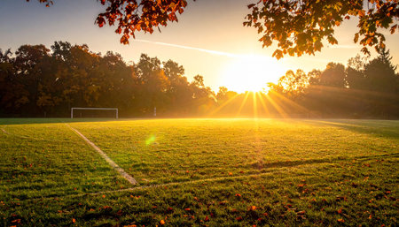 Soccer field with green grass and trees at sunset or sunrise.の素材