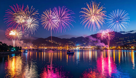 Colorful fireworks of various colors over Lake Como at night, Italyの素材