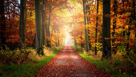 Autumn forest road with colorful trees and sunbeams in the backgroundの素材