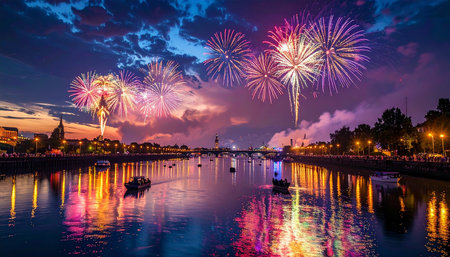 Colorful fireworks display over the river in Prague, Czech Republic.の素材