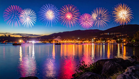 Colorful fireworks over Geneva lake at night, Geneva, Switzerland.の素材