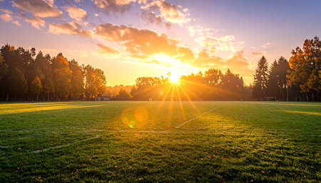 Sunset on a football field with grass and trees in the backgroundの素材