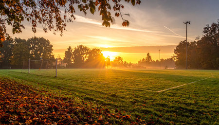 Sunset on a soccer field with autumn leaves and trees in the backgroundの素材