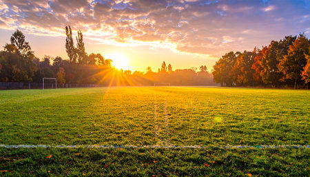 Soccer field at sunset with green grass and trees in the backgroundの素材