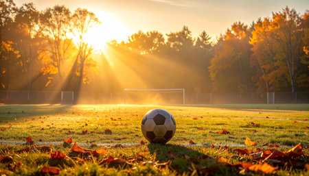 Soccer ball on the grass in the rays of the setting sunの素材