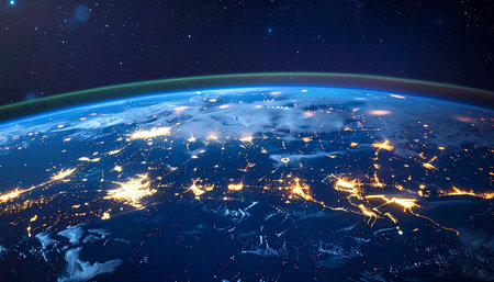 North America from space on planet Earth at night with visible country borders. 3D illustration.の素材