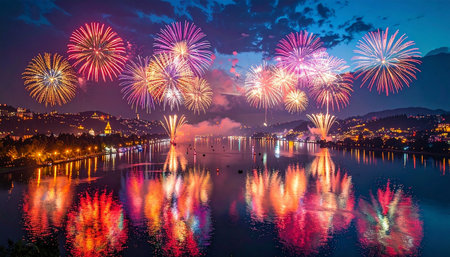 Colorful fireworks of various colors over Lake Lucerne, Switzerlandの素材