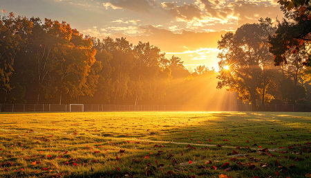 Sunrise in the morning over a soccer field with trees and grassの素材