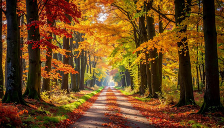 autumnal road in the forest, beautiful nature scene with colorful treesの素材