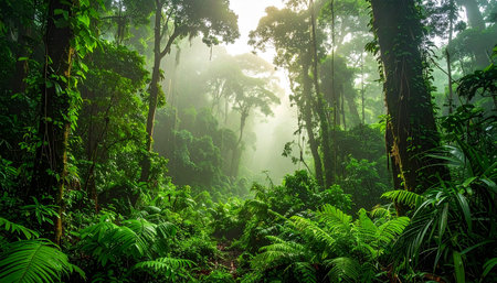 Beautiful tropical rainforest with fog and sunlight in the morning.の素材