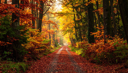 Autumnal forest road in the morning. Beautiful autumn landscape.の素材