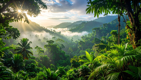 Beautiful landscape of tropical rainforest with fog and sunbeamsの素材