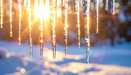 Icicles on the background of the sun in the winter forestの素材