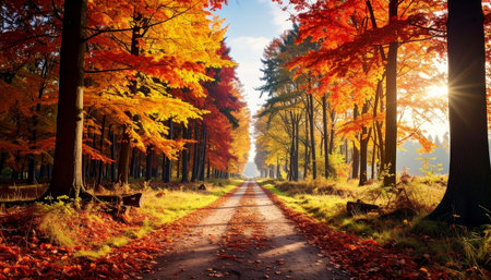 Autumn road in the forest. Colorful trees in autumn season.の素材