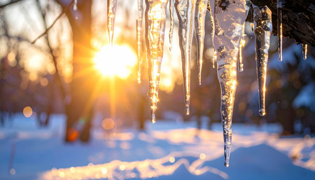 icicles hanging from the branches of a tree in the winter forestの素材
