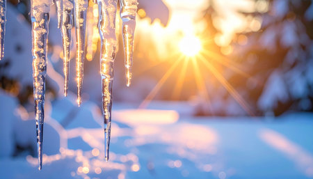 Icicles on a background of the sun in the winter forestの素材