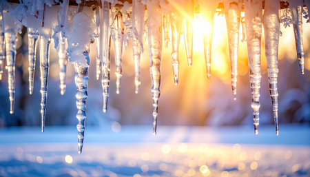 Icicles hanging from a roof at sunset. Winter landscape.の素材