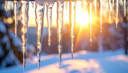 Icicles on the roof of a building in the winter at sunsetの素材