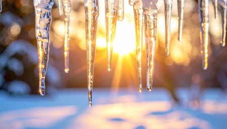 Icicles on the background of the setting sun in the winter forestの素材