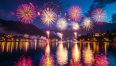Colorful firework display on Lake Lucerne, Switzerland.の素材
