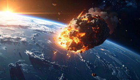 3D illustration of an asteroid collision with an asteroid in space.の素材
