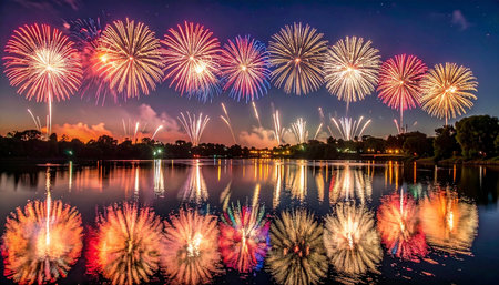 Colorful fireworks of various colors over the river with reflection in the waterの素材