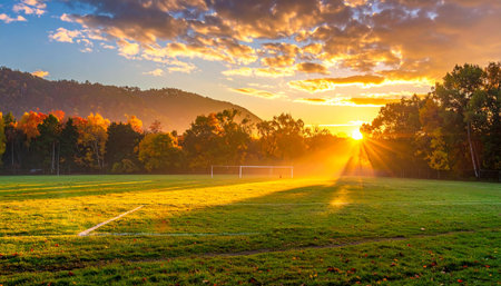 Sunset over a football field in the countryside of Bavaria, Germanyの素材
