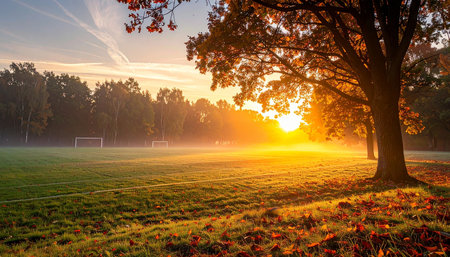 Sunset in the autumn park with trees, grass and football fieldの素材
