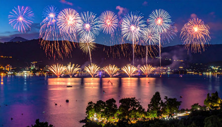 Colorful fireworks of various colors over Lake Como at night, Italyの素材