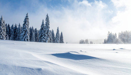 Beautiful winter landscape with snow covered fir trees in Carpathian mountainsの素材