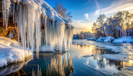 Winter landscape with frozen icicles on the banks of the river at sunsetの素材