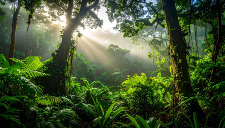 Morning light shines through the rainforest in Doi Inthanon National Park, Chiang Mai, Thailandの素材