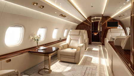 Interior of a private jet with leather seats and wooden ceiling.の素材