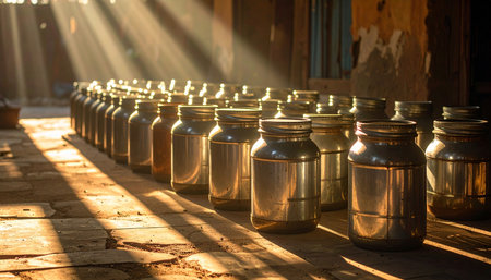 A row of metal cans at the entrance to a Buddhist temple.の素材
