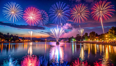 Colorful fireworks of various colors over the river and the night skyの素材