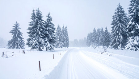 Snowy winter road in the forest. Carpathians, Ukraineの素材